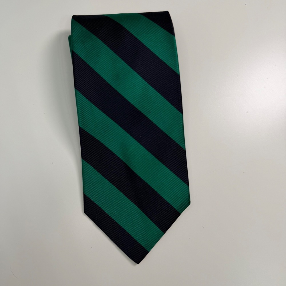 Neiman Marcus Mens Silk Tie Green Navy Blue Striped USA Repp Silk Fathers Day